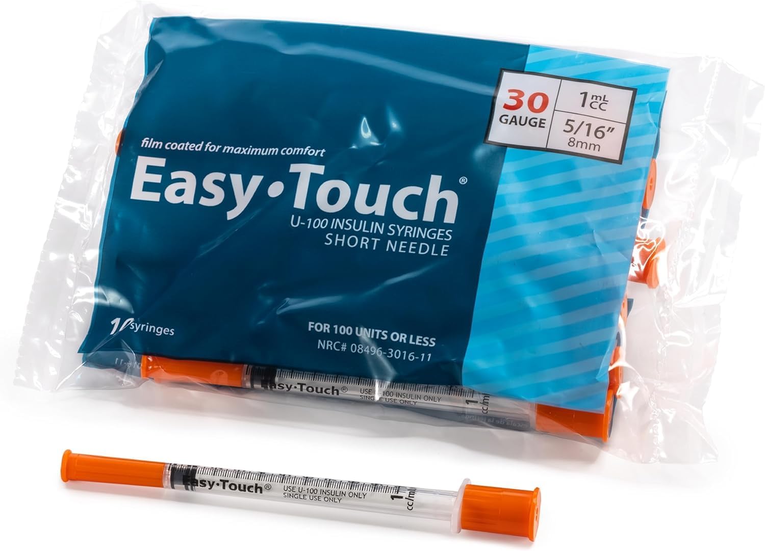 Easy Touch 30 Gauge U-100 Insulin Syringes (30G 1cc 1/2”) with 1/2” Long Needle, 1cc (100 Unit Capacity), Bold Markings for Accurate Dosing, Disposable, Pack of 10